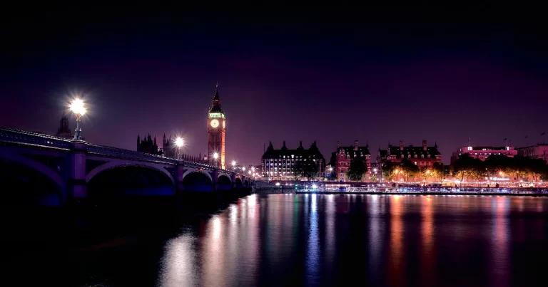 Big Ben and Westminster Bridge in the night. Dark London's landscape.