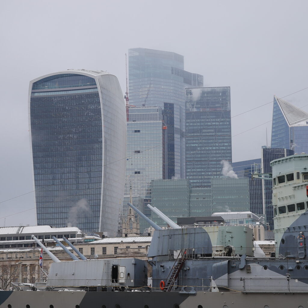 City of London landscape with Walkie-Talkie Skyscraper, and HMS Belfast.